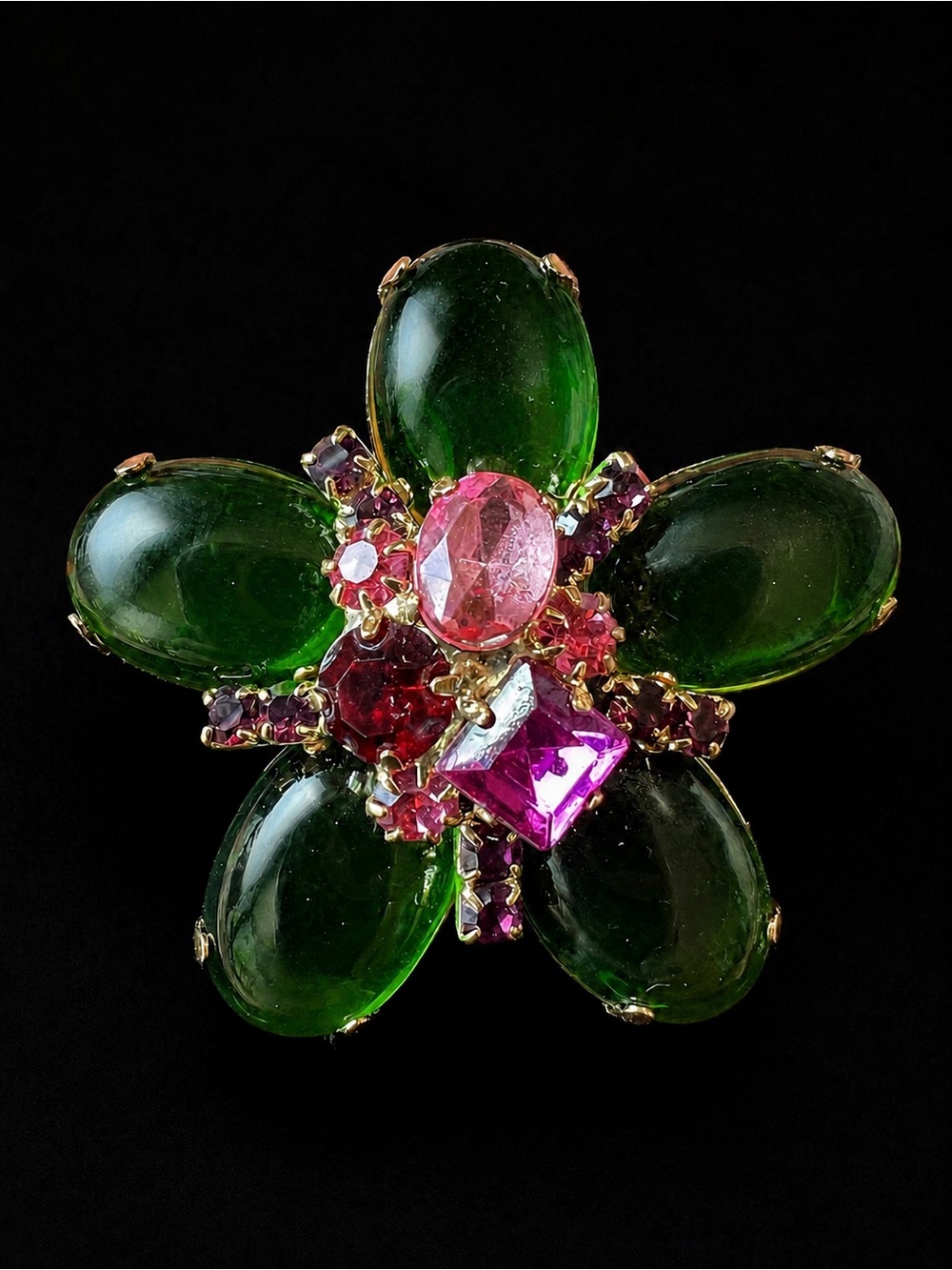Vintage Emerald Green Glass Cabochon Flower Brooch Pink Purple Rhinestones 2”